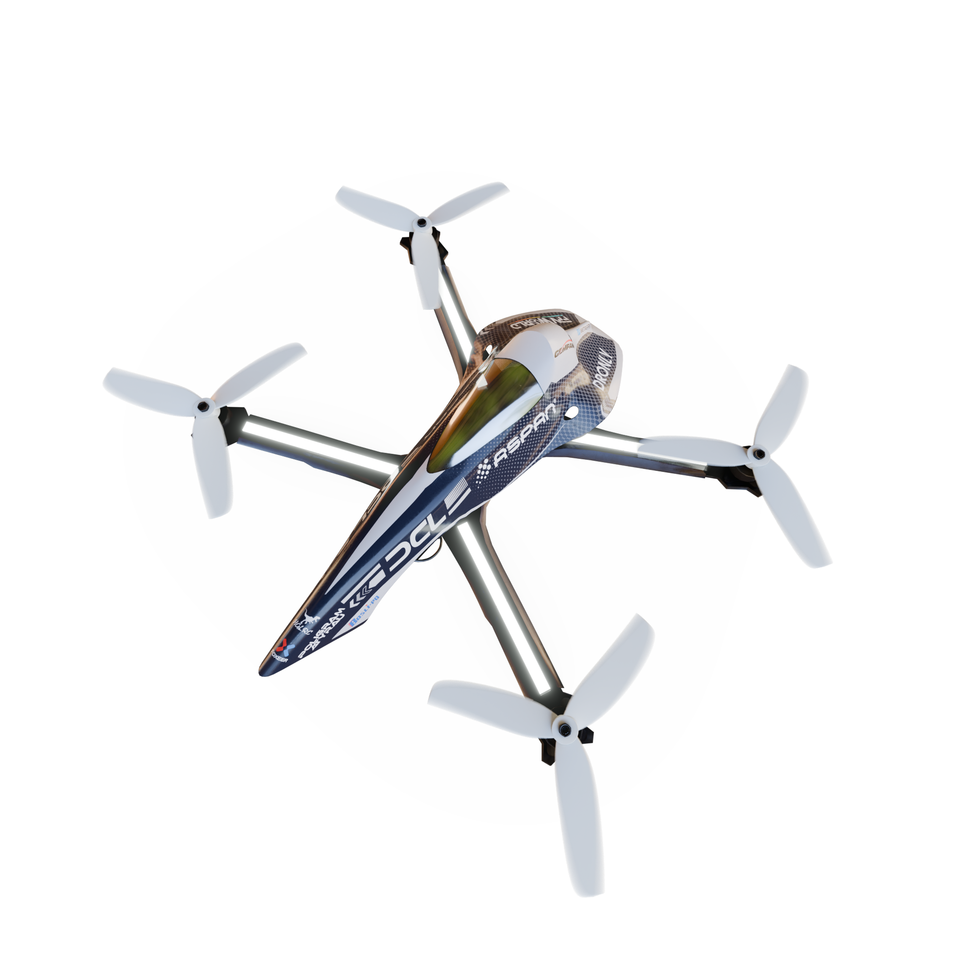 Top-down view of a four-rotor drone with white propellers and a blue, metallic fuselage against a gray background.
