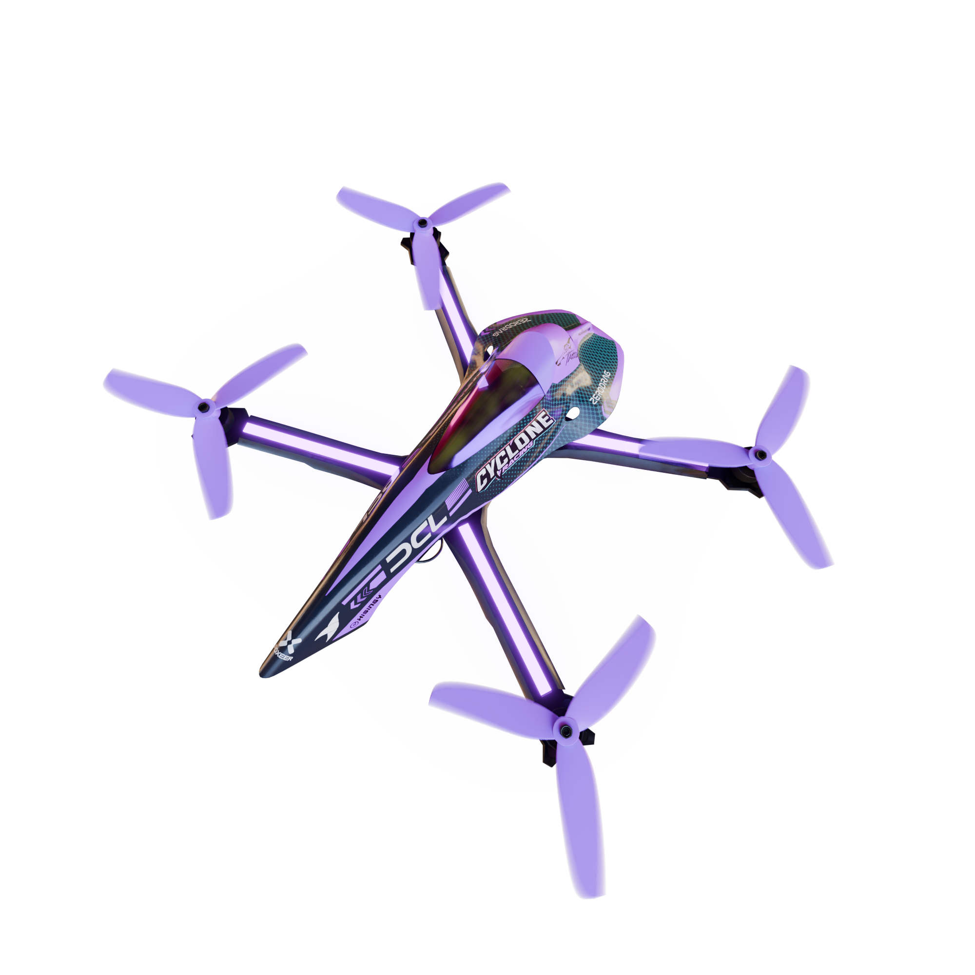 Purple quadcopter drone with four propellers shown against a solid purple background.