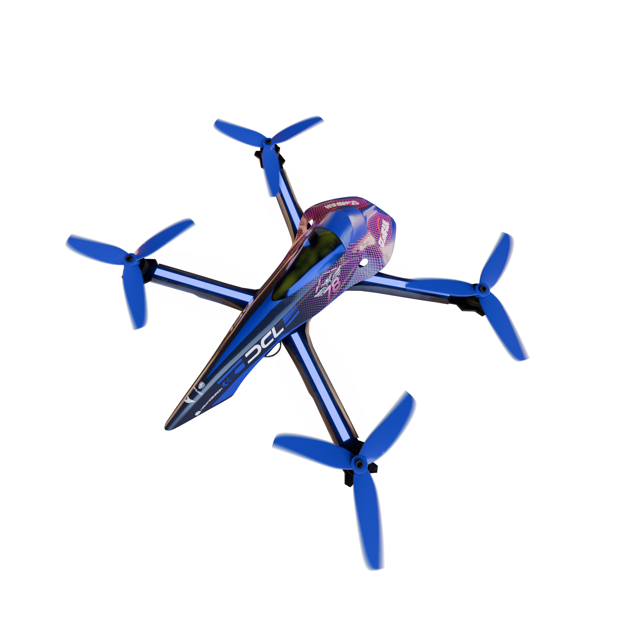 Blue quadcopter drone with four propellers against a blue sky.