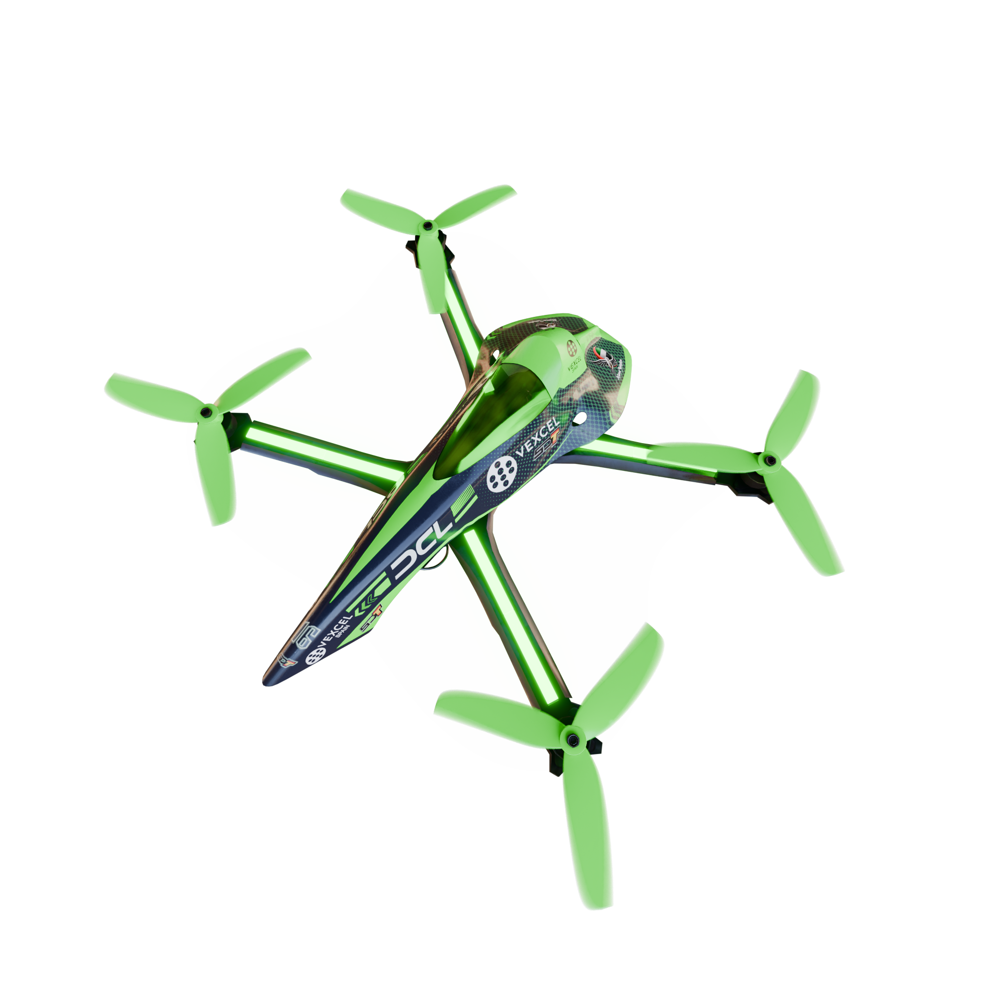 Close-up of a green remote-controlled helicopter with three rotor blades against a lime backdrop, focusing on the rotor hub and body