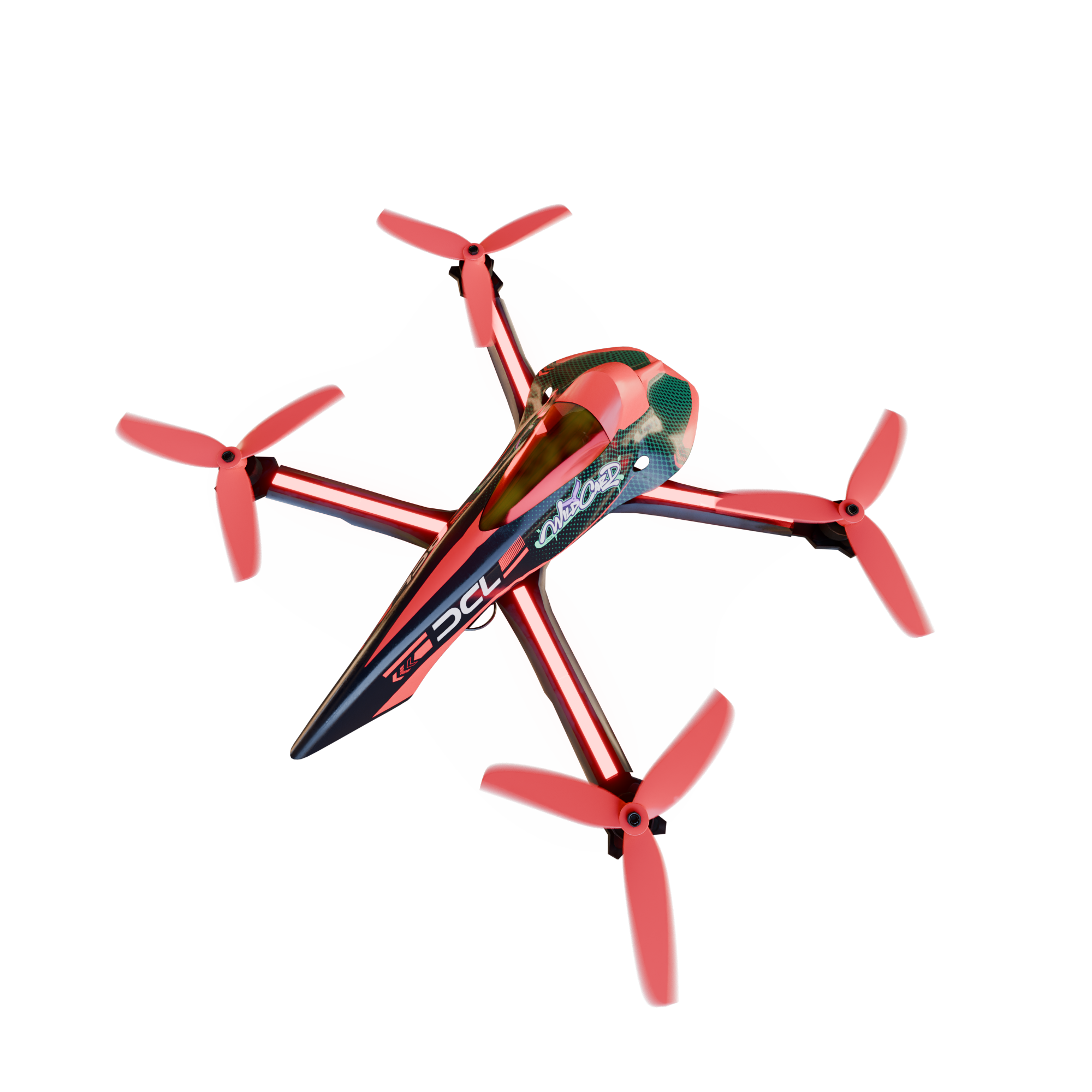 Close-up of a red quadcopter drone with four propellers against a coral background.