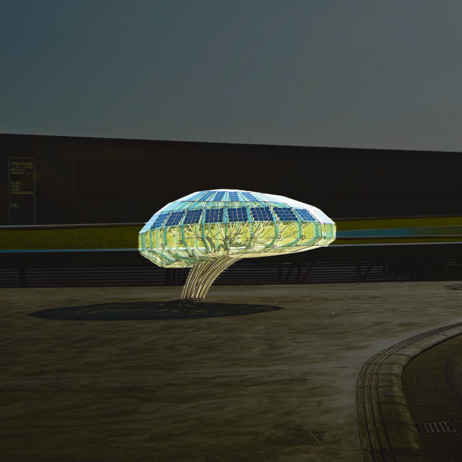 Futuristic glass dome sculpture on an arched metal frame in an outdoor plaza at dusk, against a dark building backdrop.