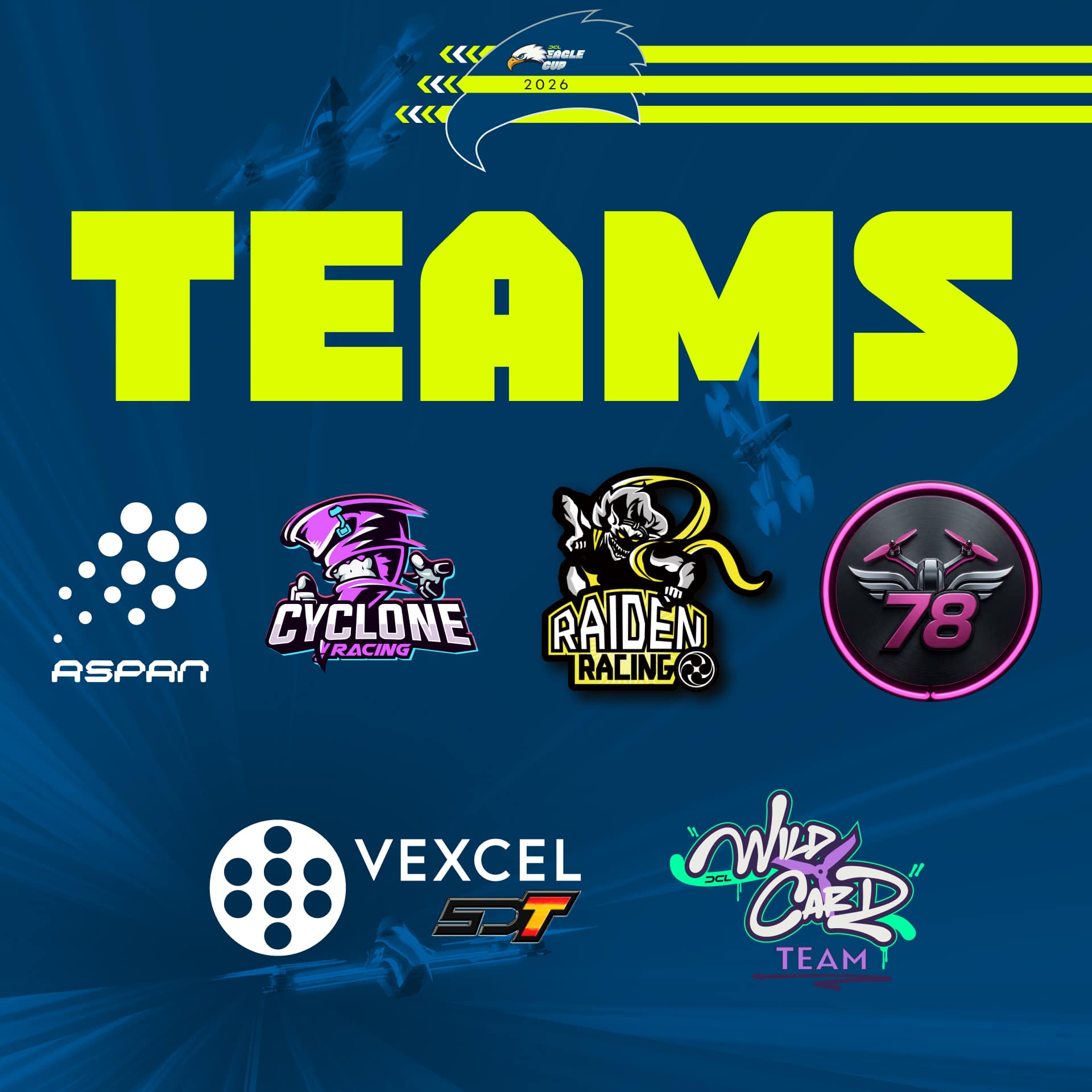 Bold yellow TEAMS headline on a blue background with racing team logos along the bottom, conveying a team lineup graphic.