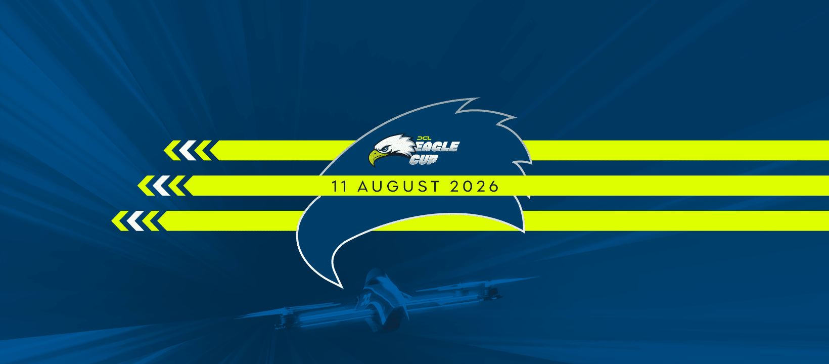 Banner featuring the DCL Eagle Cup logo with a blue eagle crest and bright neon yellow holiday stripes, date 11 August 2026.